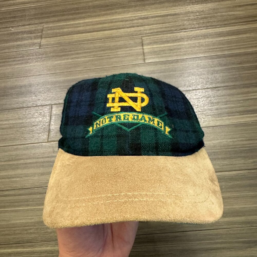 VTG 90’s Notre Dame Fighting Irish NCAA Strapback Hat Cap Green Plaid Wool